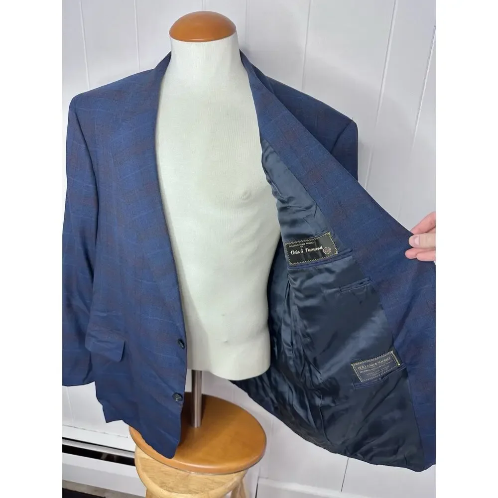 Tom James Bespoke Holland & Sherry Navy Plaid Sport Coat Blazer 50L* Savile Row